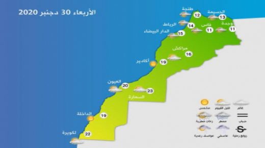 توقعات أحوال الطقس لليوم الأربعاء 30 دجنبر 2020