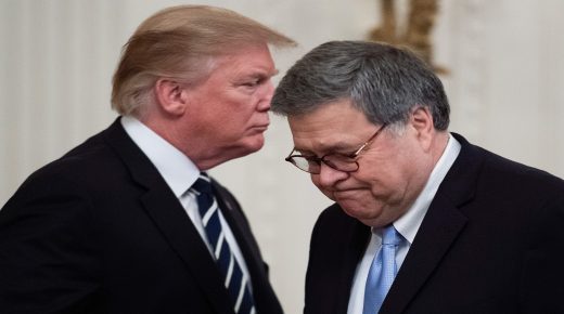 US President Donald Trump (L) shakes hands with US Attorney General William Barr (R) during the Public Safety Officer Medal of Valor presentation ceremony at the White House in Washington, DC on May 22, 2019. (Photo by Jim WATSON / AFP) (Photo credit should read JIM WATSON/AFP via Getty Images)