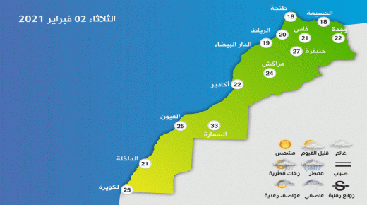 المغرب : توقعات أحوال الطقس ليوم الثلاثاء 02 فبراير 2021