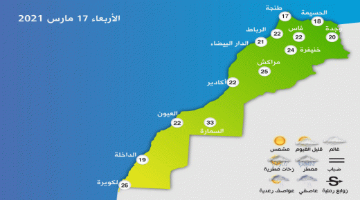 المغرب : توقعات أحوال الطقس لليوم الأربعاء 17 مارس 2021