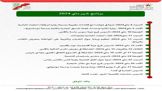 برنامج منتدى المبادرة الوطن أولا ودائما للمكتب التنفيدي لشهر ماي 2024.