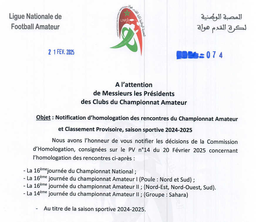 Notification d’homologation des rencontres du Championnat Amateur et Classement Provisoire, saison sportive 2024-2025